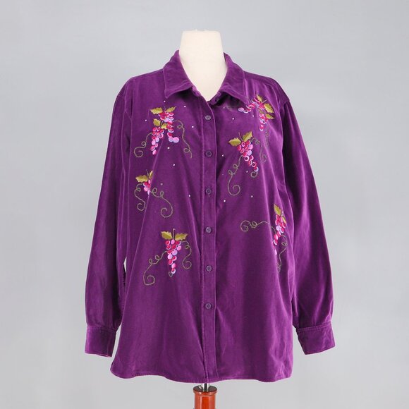 VINTAGE THE QUACKER FACTORY Velvet Grape Embroidery Button Down Shirt Size 1X - Picture 1 of 7